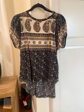 Free People Navy & Cream Paisley Mixed-Print Short Sleeve Top